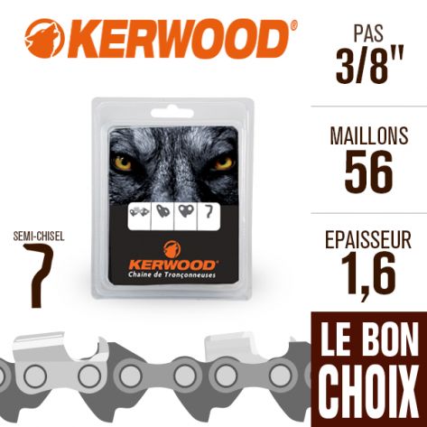 Chaîne tronçonneuse Kerwood 56 maillons 3/8", 1,6 mm. Semi-Chisel