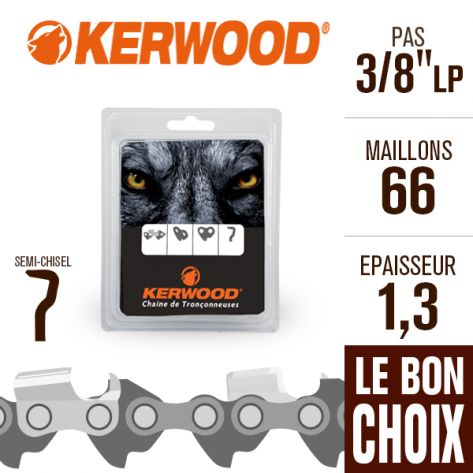 Chaîne tronçonneuse Kerwood 66 maillons 3/8"LP , 1,3 mm. Semi-Chisel