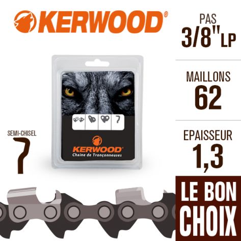 Chaîne tronçonneuse Kerwood 62 maillons 3/8" LP. 1,3  mm. Semi-Chisel