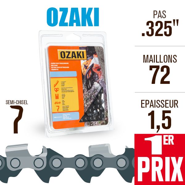 Chaîne Tronçonneuse OZAKI .325 E66 Titanium – Jauge 1,1mm (0.043), Profil Semi-Carré, 66 Entraîneurs, Durabilité Accrue